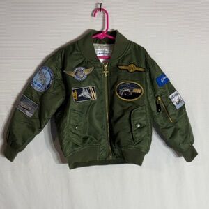 Kids Olive Green Bomber Jacket with Patches